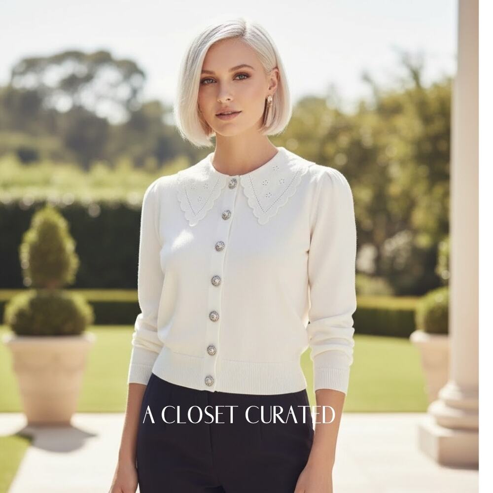 Olivia Rubin Courtney Ivory Lace Collar Cardigan Sweater NEW Medium